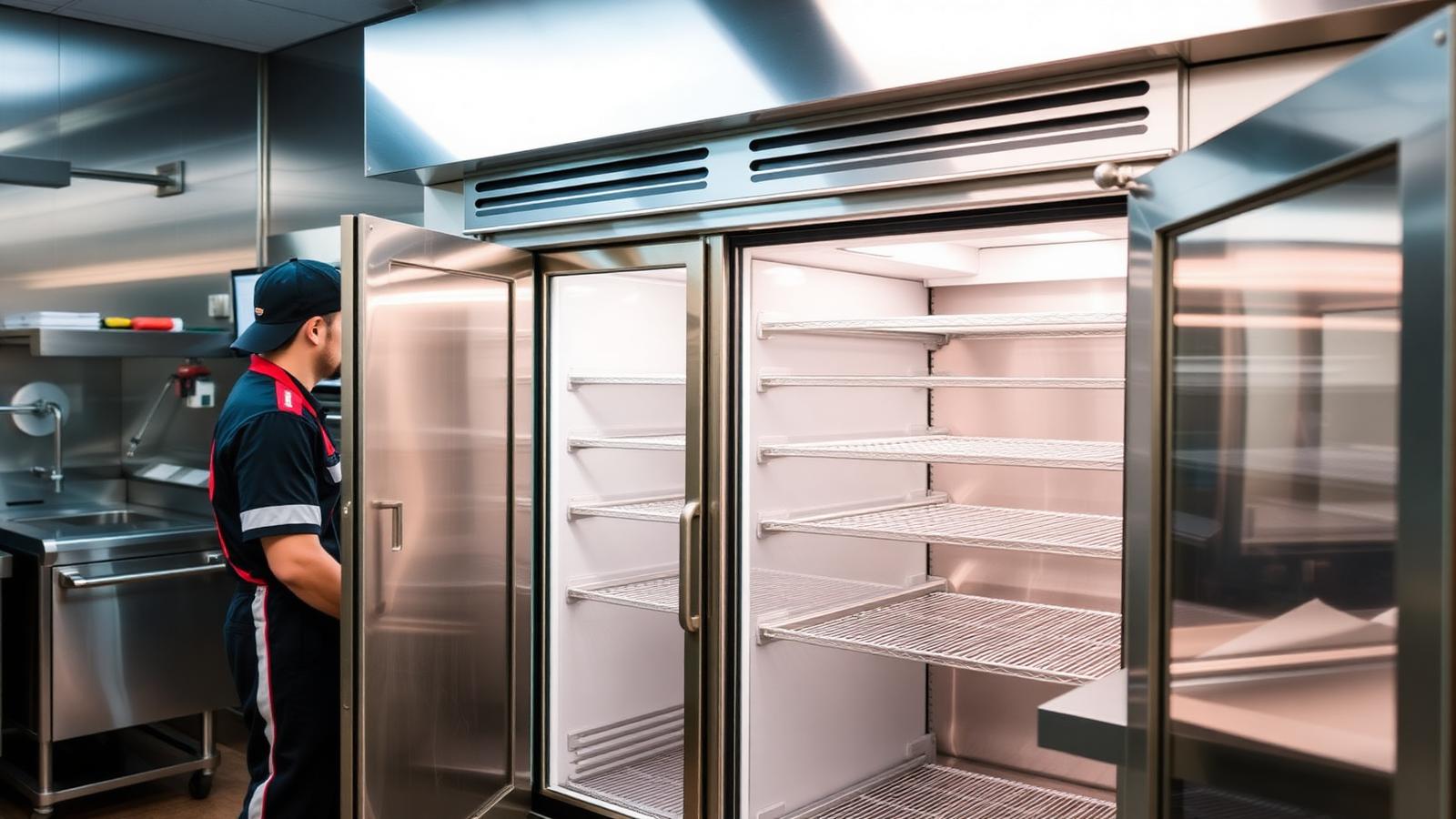 Commercial reach-in refrigeration unit in a stainless steel restaurant kitchen
