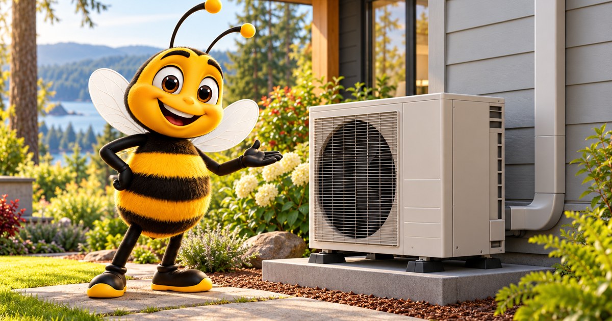 The original Rob Bee mascot standing beside a newly installed outdoor heat pump — conceptual illustration
